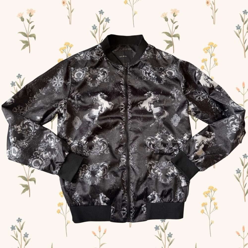Zara Baroque Horse Print Satin Bomber Jacket | Men's L (Unisex) | Black & White